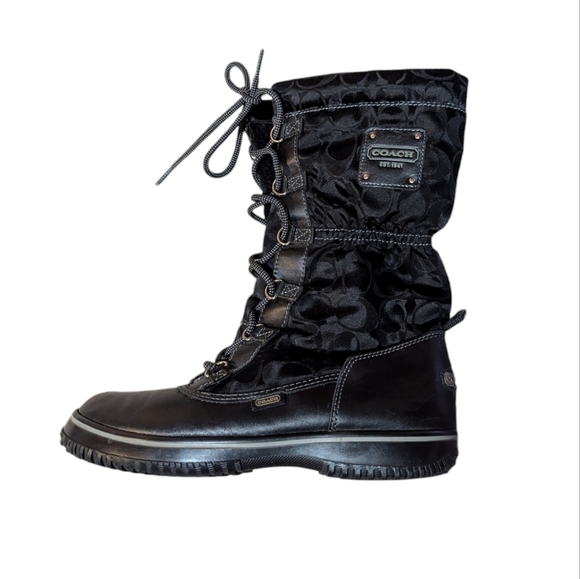 Coach Shaine Water Resistant Snow Boots size 7.5 Black Signature Print Preppy - Picture 1 of 9